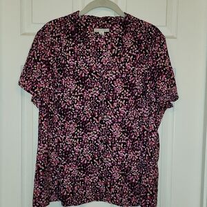 Dana Buchman Pink and Black Boxy Blouse with Short Sleeves and Mandarin Collar